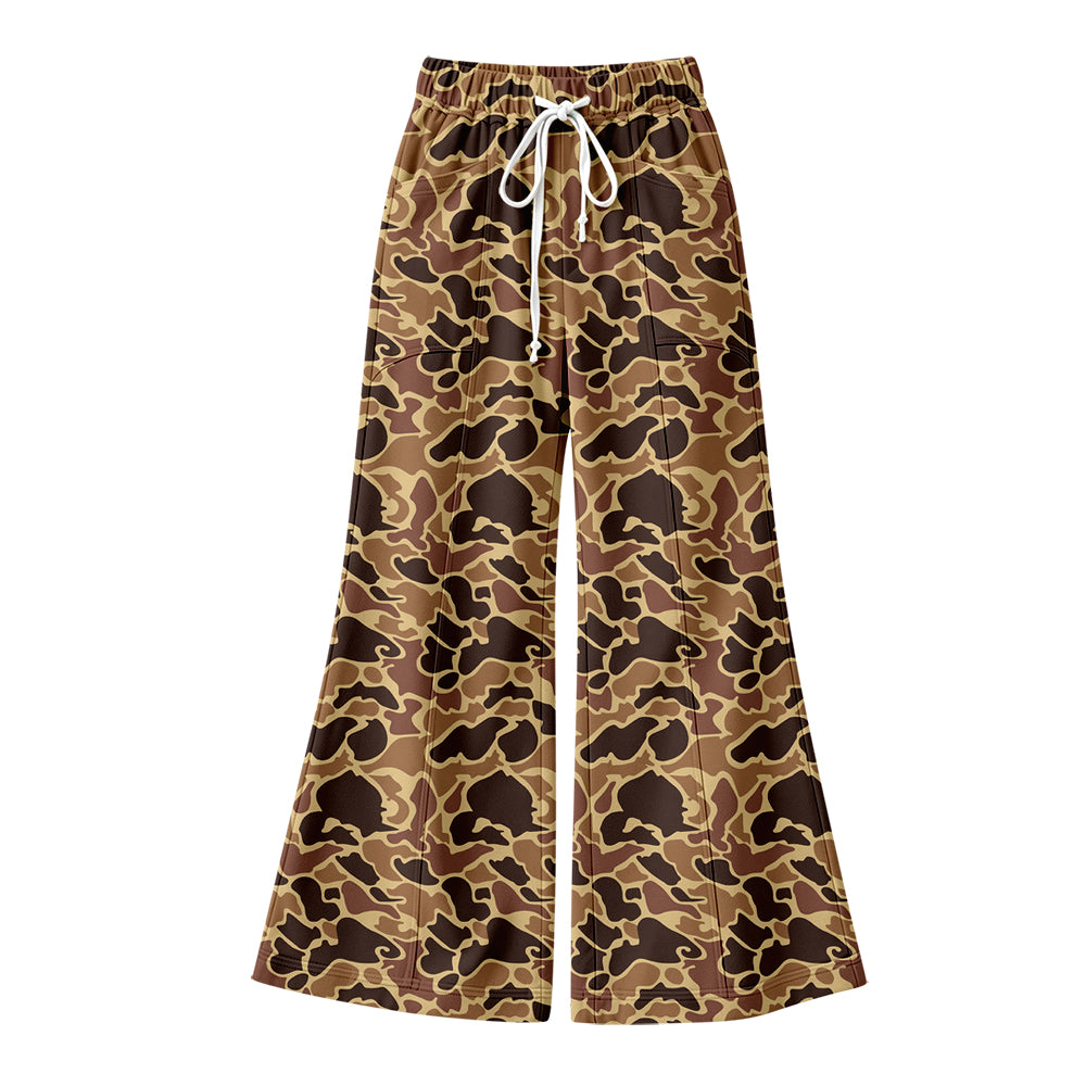 Preorder (moq 5) Baby Girl Clothes Dark Brown Duck Camo Allover Print Flare Wide Leg Pants