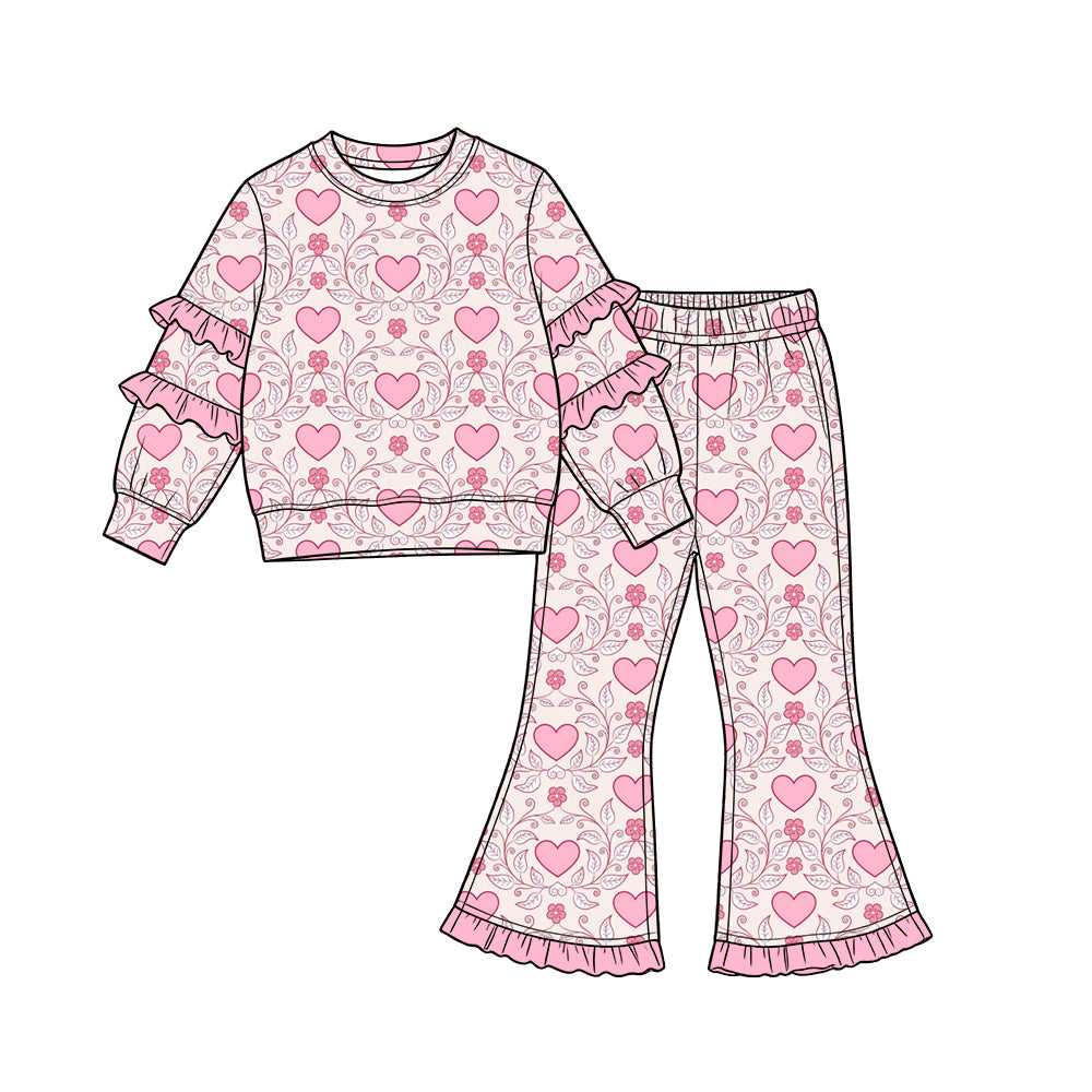 Preorder (moq 5) Baby Girl Clothes Vintage Swirl Pink Heart Allover Print Long Sleeve Ruffle Sleeve Flare Pant Set