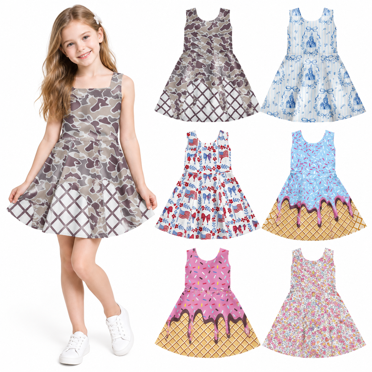 NO MOQ RTS GSD2413 Girl Clothes Pink Melting Ice Cream Waffle Print Sleeveless Scoop Neck Flare Twirl Dress 202610