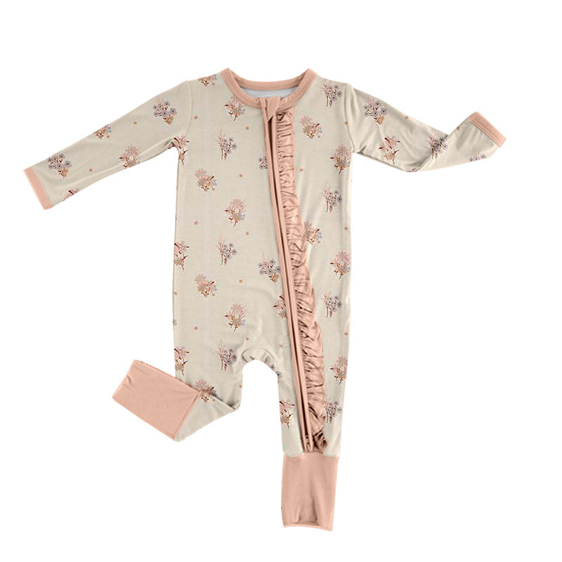 Preorder (moq 5) Baby Girl Clothes Cream Wildflower Print Long Sleeve Ruffle Zip Front Romper Jumpsuit