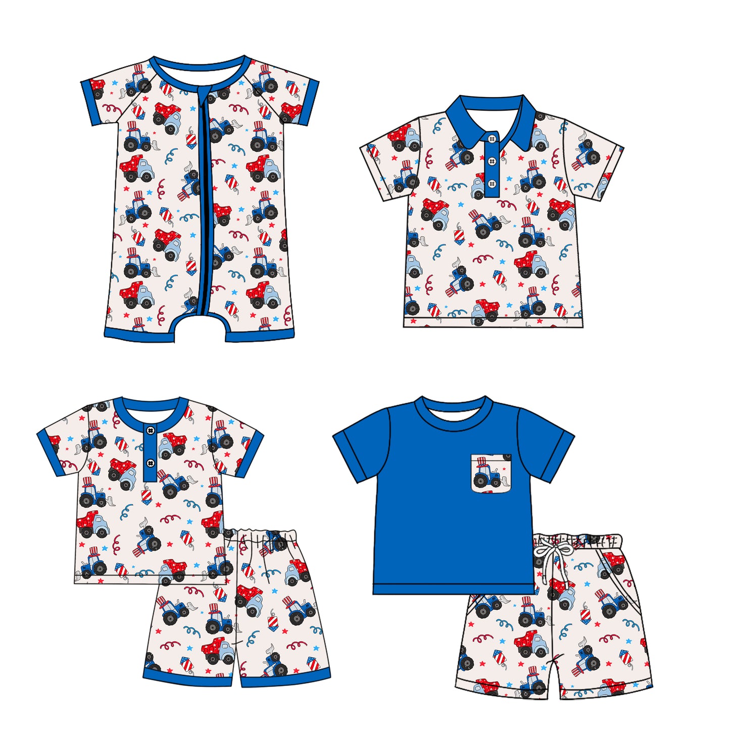BSSO1274 pajamas tractor 4th July boy summer outfit 202501 preorder