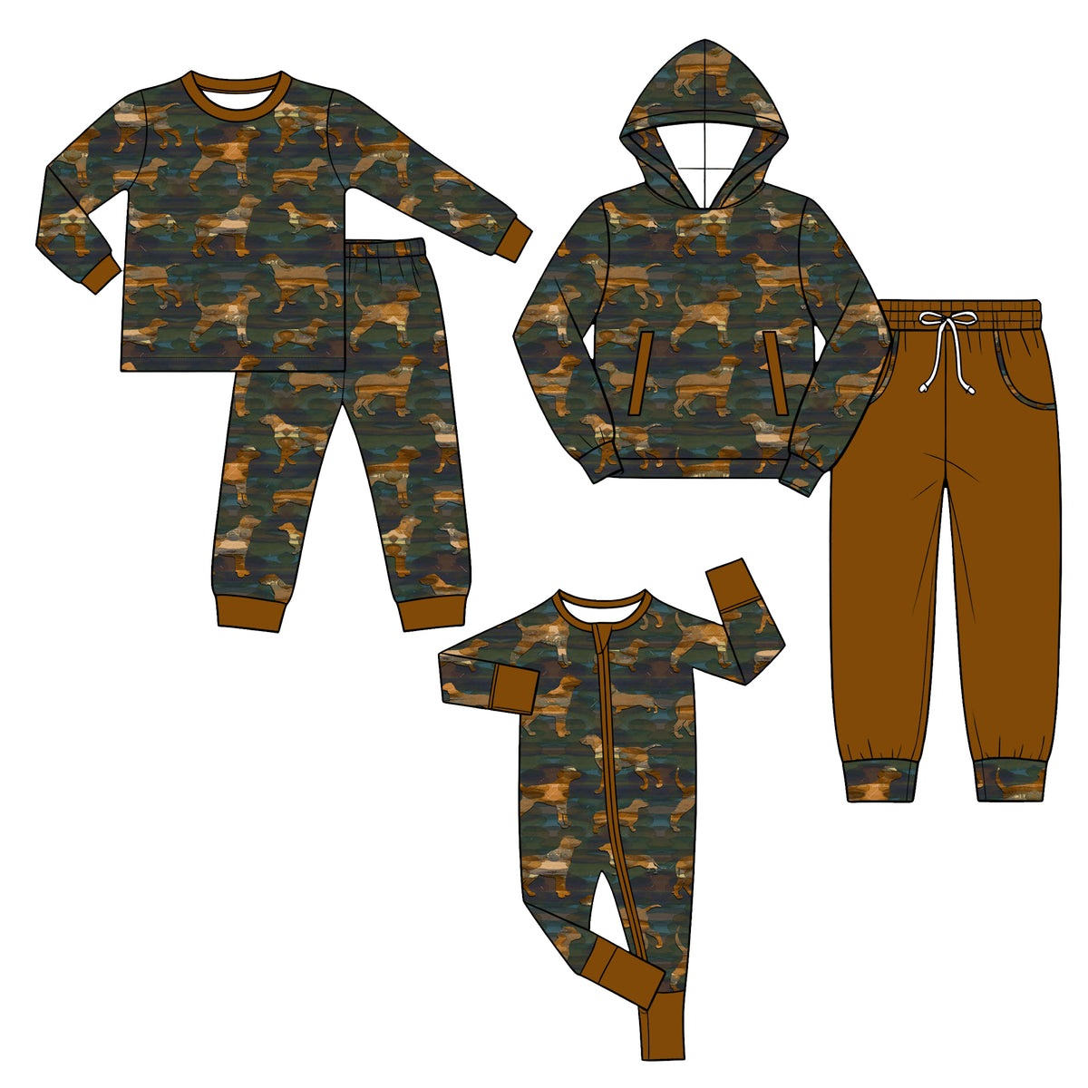 Preorder (moq 5) Baby Boy Clothes Vizsla Dog Camo Print Long Sleeve Hoodie Brown Jogger Pants Outfit Set