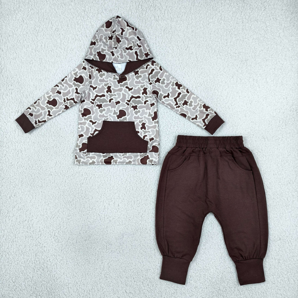 NO MOQ RTS BLP1598 Baby Boy Clothes Brown Cow Camo Print Long Sleeve Hooded Top Jogger Pant Outfit Set 202610
