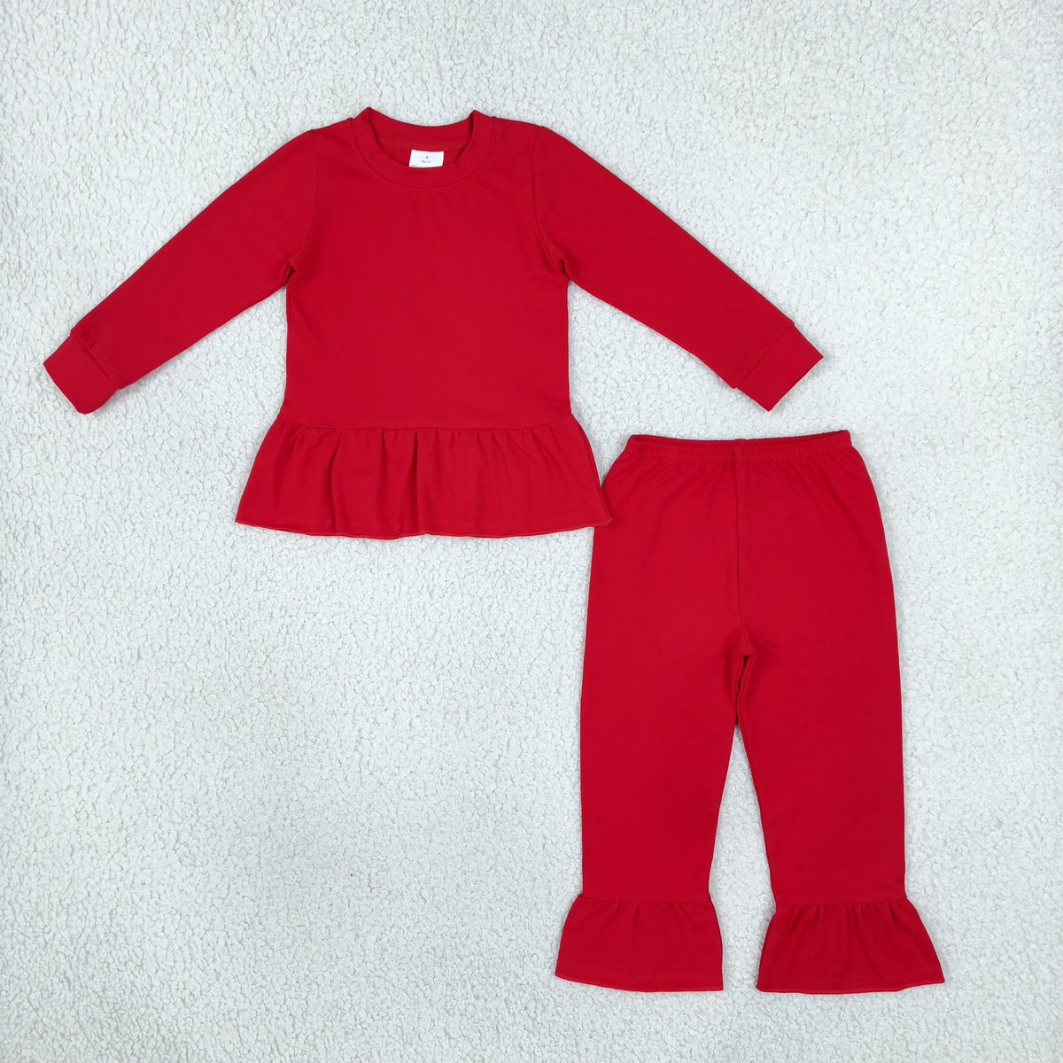 NO MOQ RTS GLP3749 Girl Clothes Solid Red Plain Print Long Sleeve Ruffle Hem Top Flare Pants Set 202610
