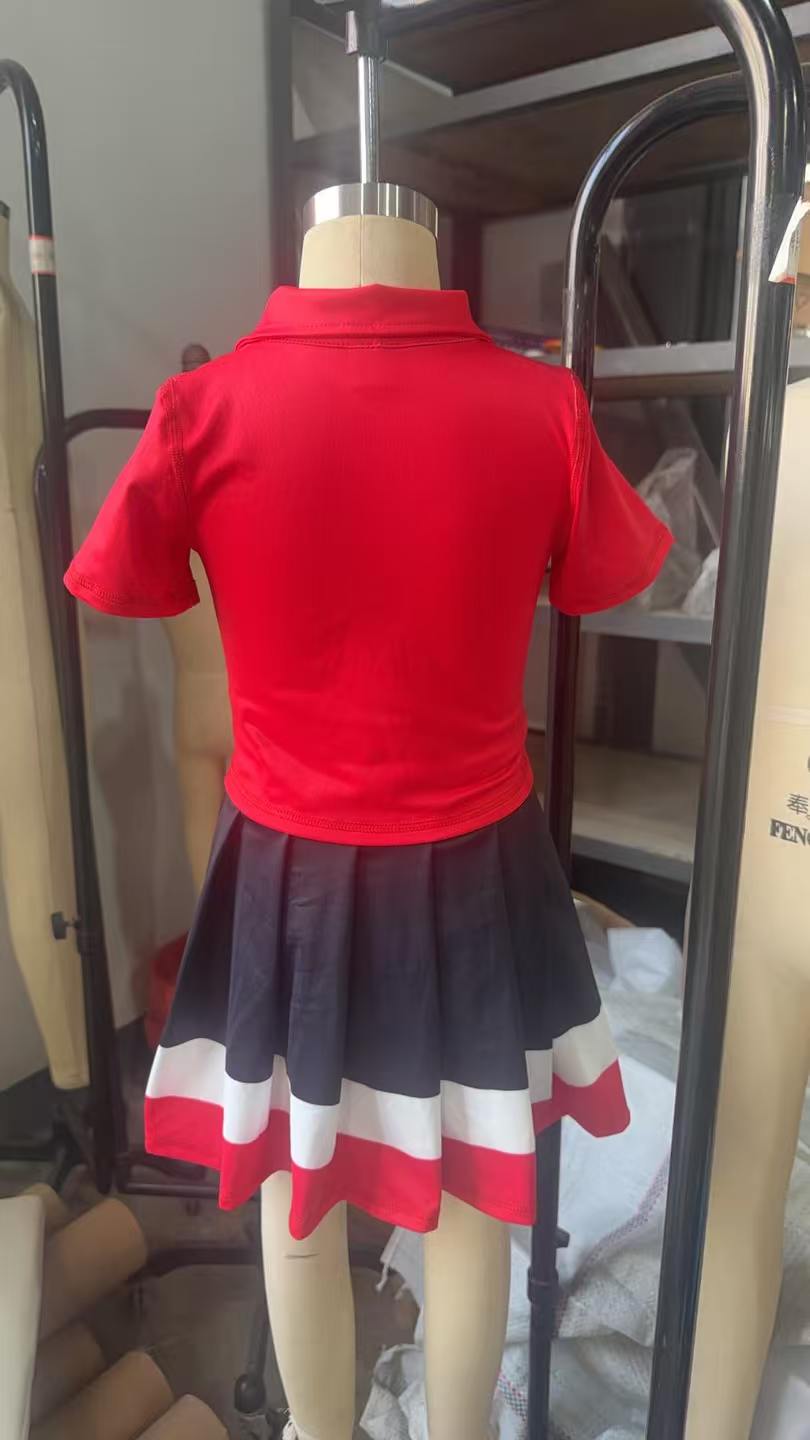 GSD4262 Red Black Skort Set Yoga polo Little Girls Casual Preppy Matching Set red Polo Color Block Hem Tennis Skirt preorder