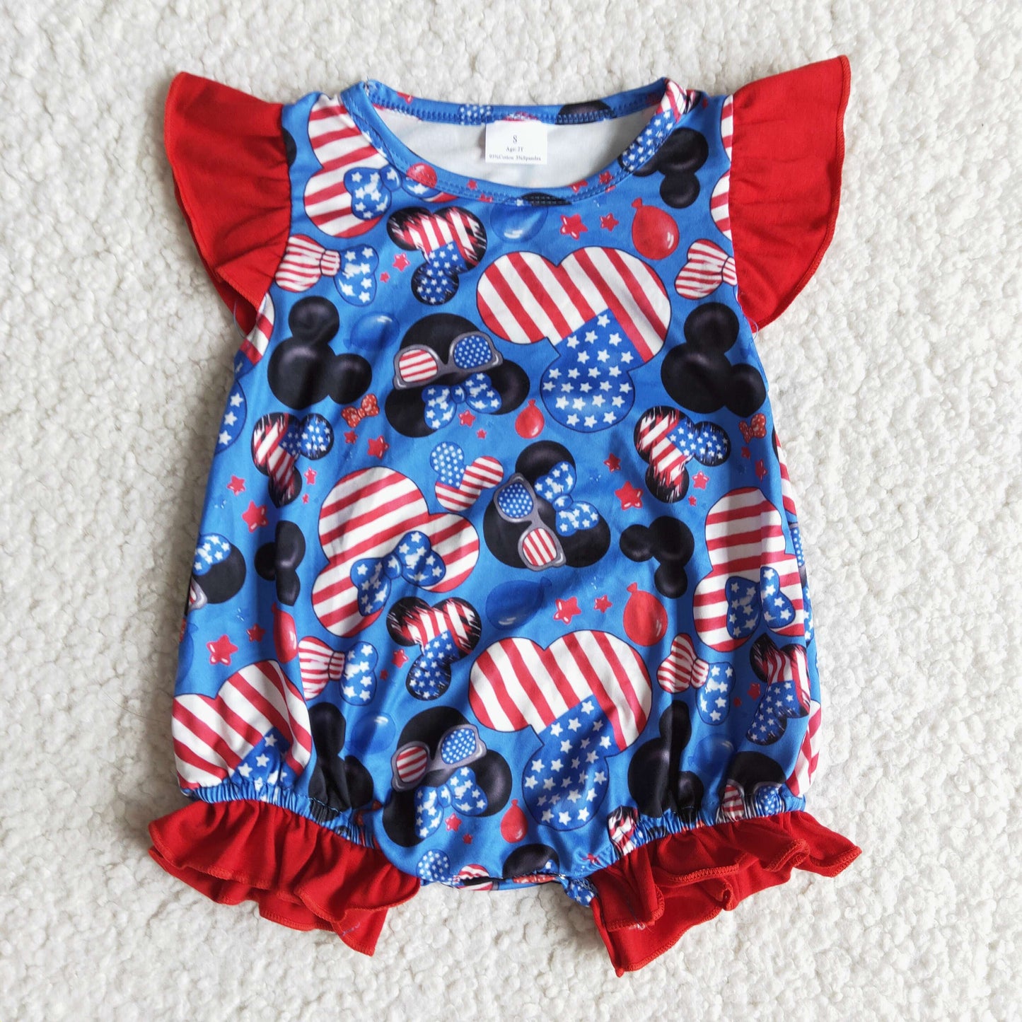 promotion A12-3 mouse july 4th flag stripe stars short sleeve girl romper 202404