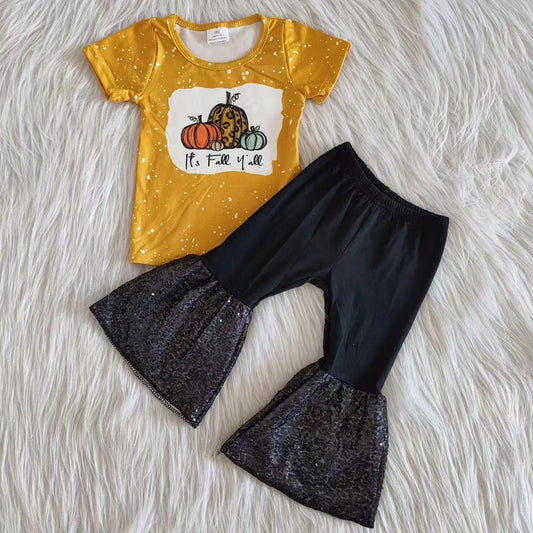 Promotion RTS A2-12 pumpkin black yellow sequins long sleeve bell bottom pant outfit