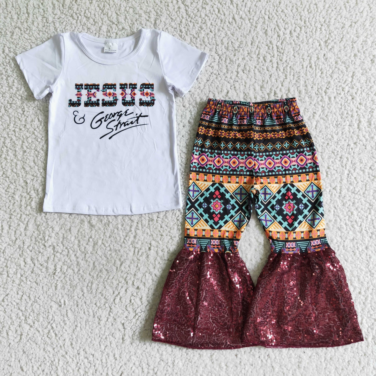 promotion RTS A3-9 white short sleeve Jesus sequin bell bottom girl outfits RTS 20230628