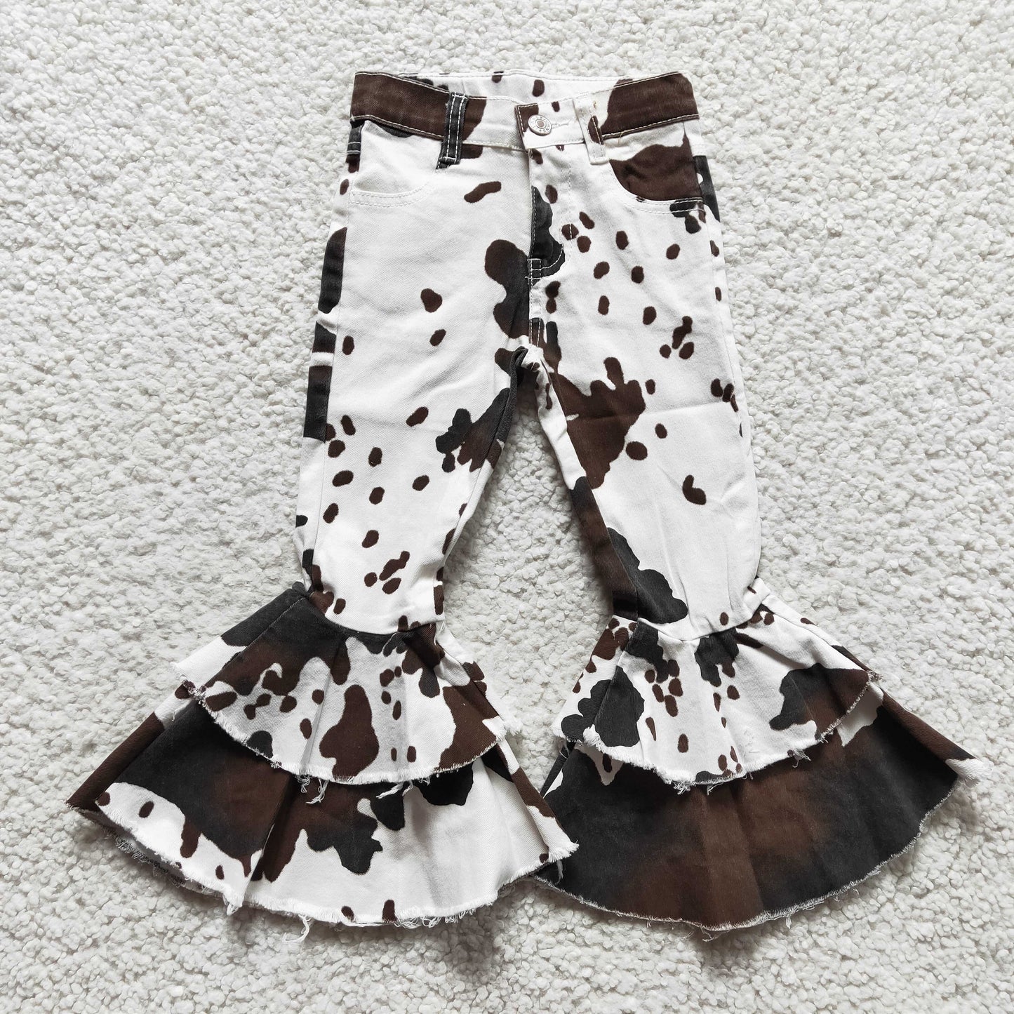 Aa-1 Cow print double ruffles button jeans denim girl pants 202401 RTS