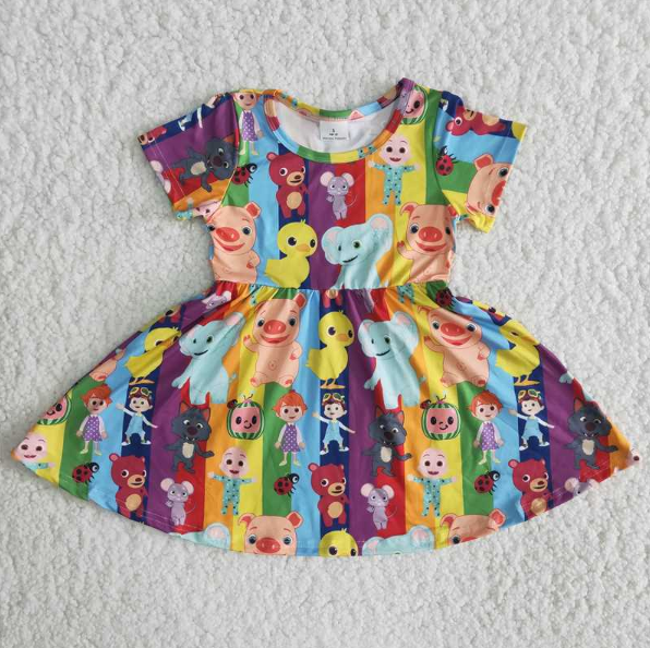 promotion B17-14 cartoon animal print white short sleeve girl dress
