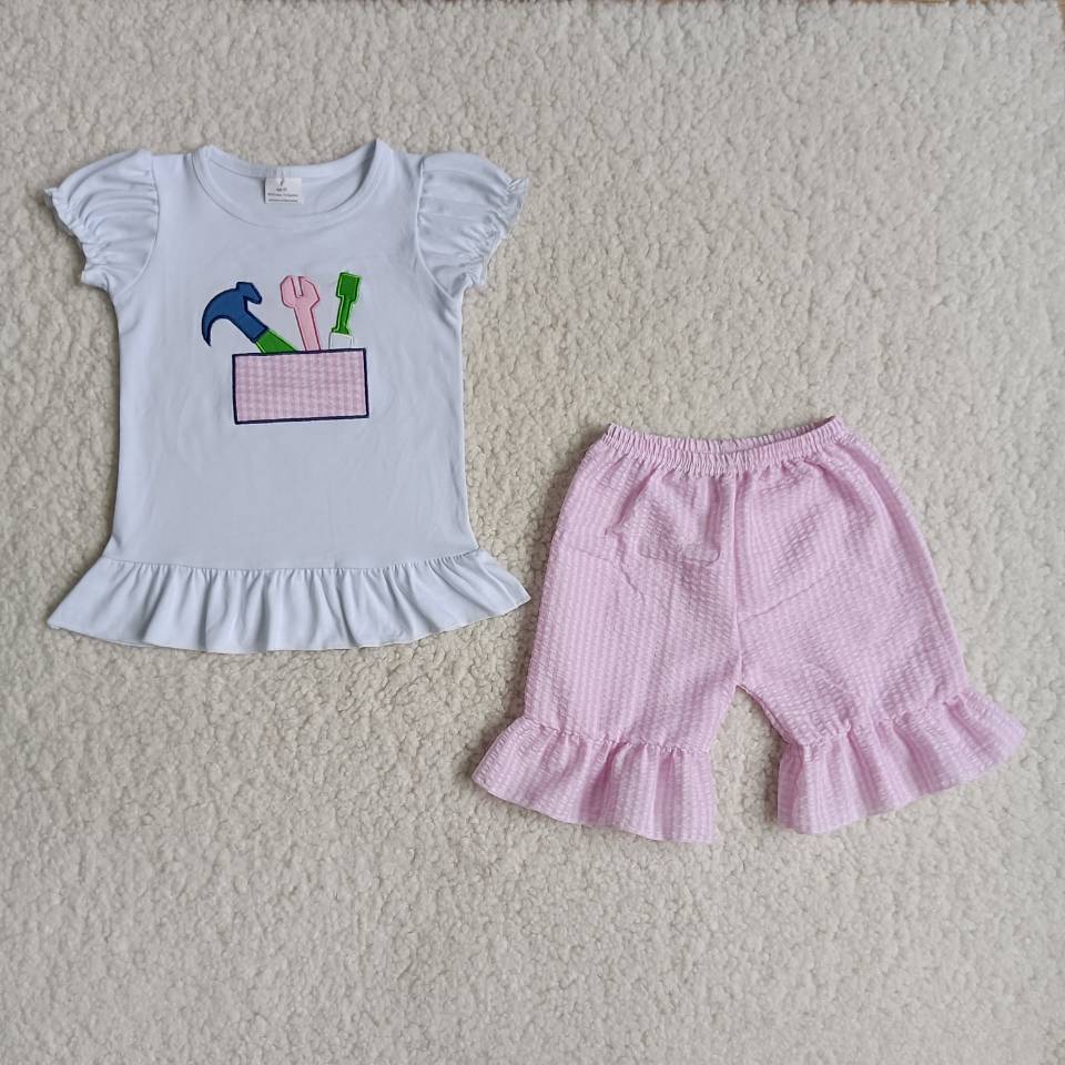 promotion RTS B3-1 embroidery girl tools pink plaid short sleeve shorts set