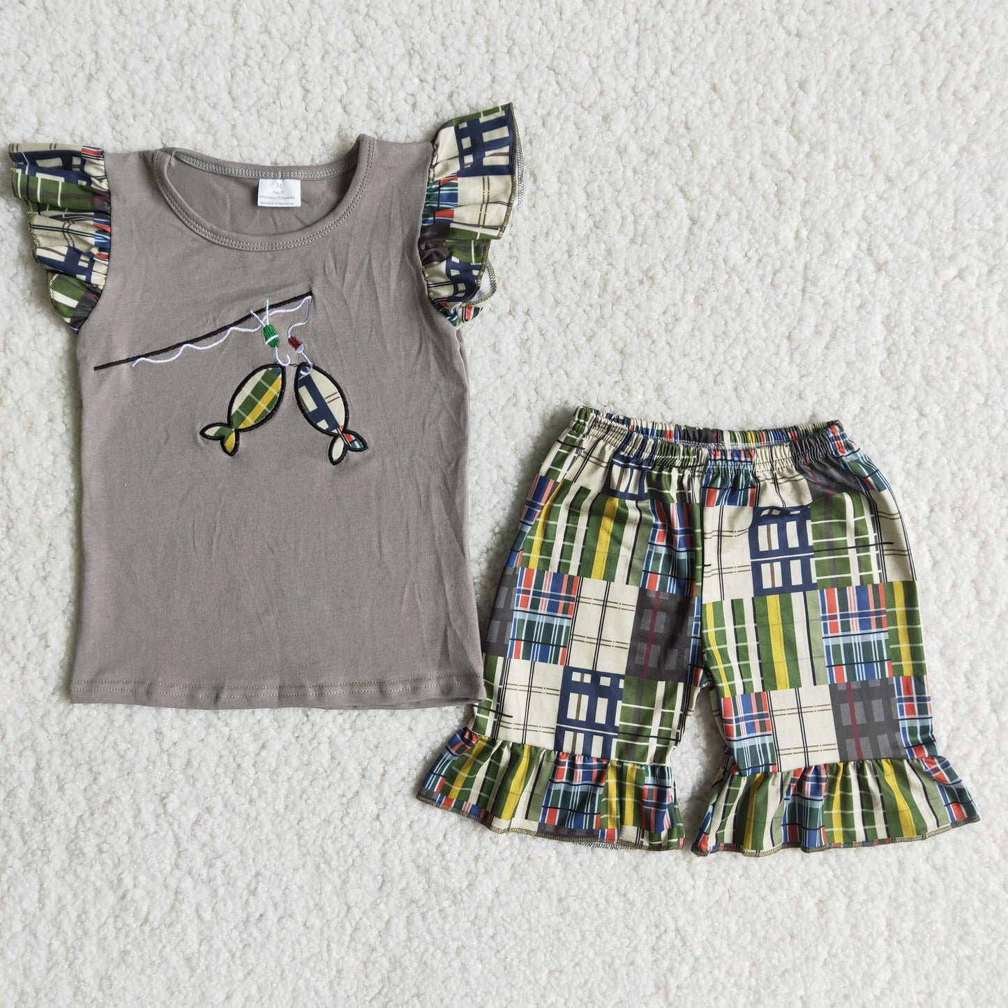 PROMOTION RTS B3-15 Fishing embroidery grey girl ruffle fly sleeve shorts outfit