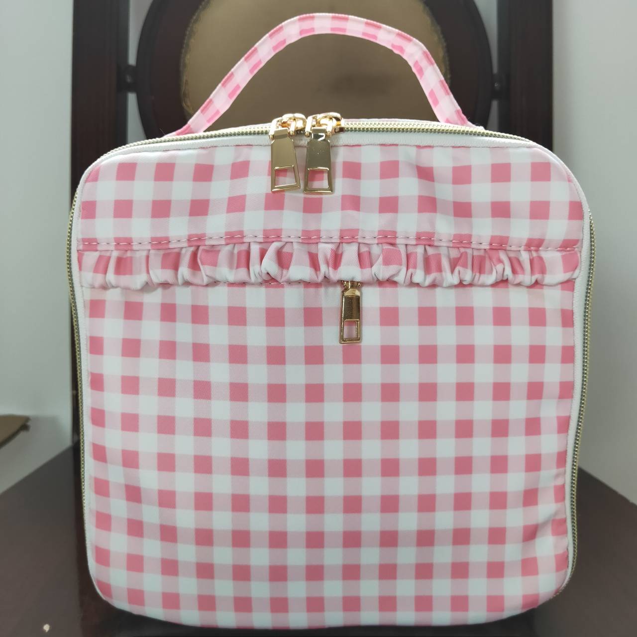 BA0088 sibling western RTS pink plaid meal box Lunch box bag 3.54 *8.45*12.6*2.95 inches