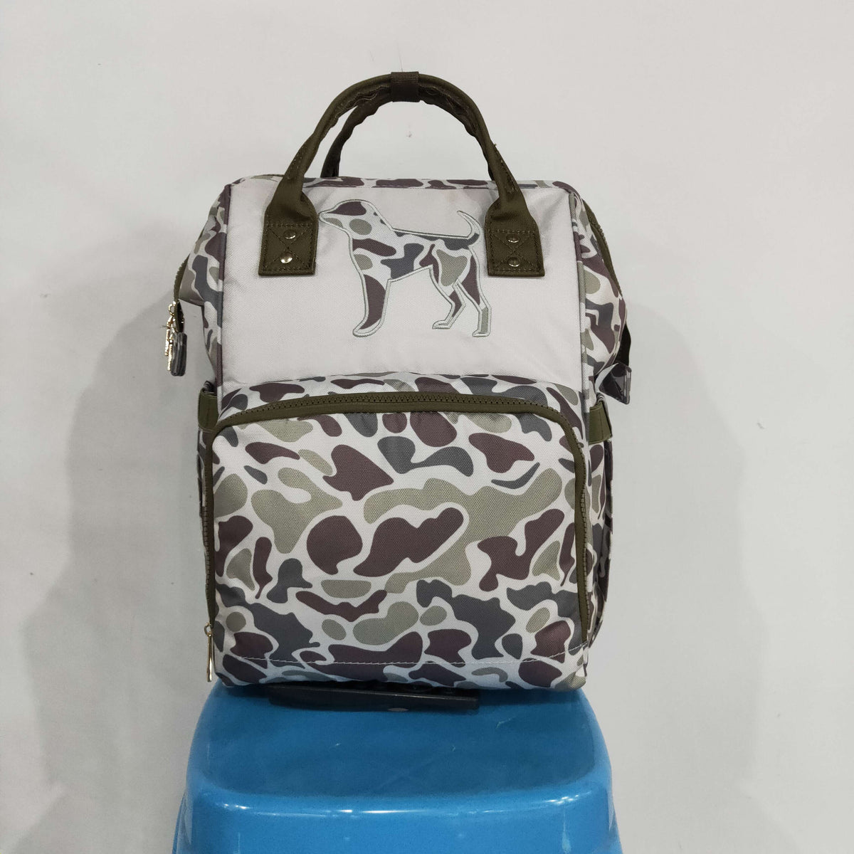 NO MOQ RTS BA0403(1)-embroidery Baby Bag Hunting Dog Embroidery Camo Print Diaper Backpack 202610