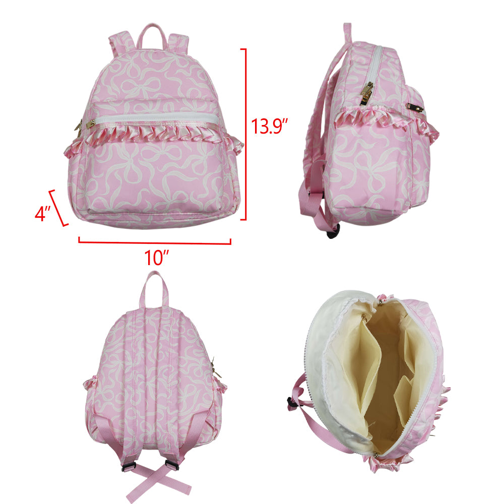 NO MOQ RTS BA0459 Baby Girl Bag Pink Bow Ribbon Print Ruffle Decor Mini Backpack 202610