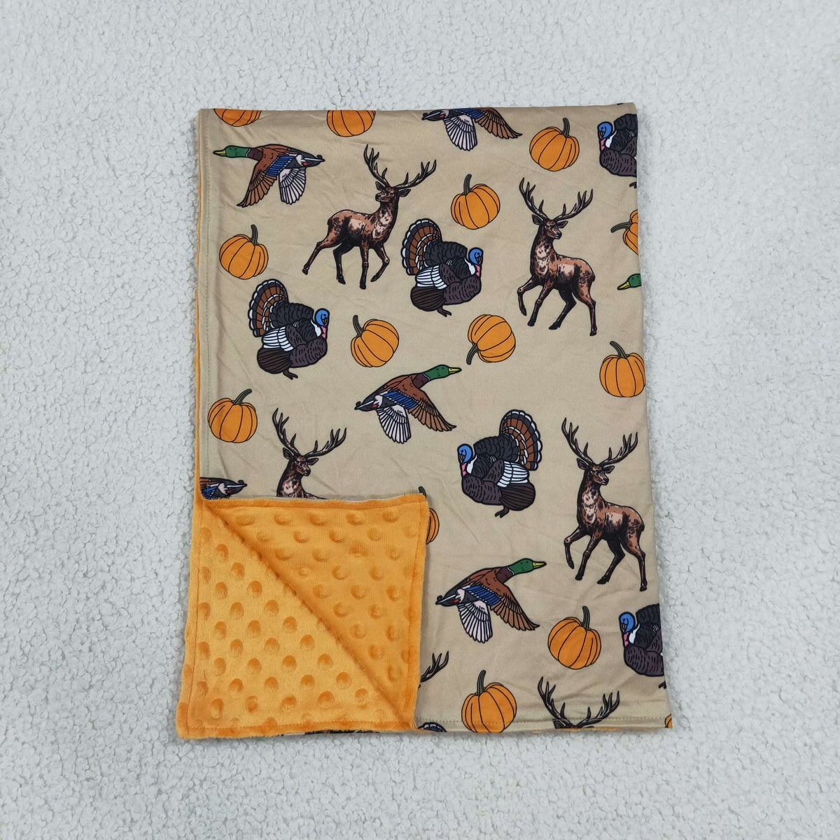 NO MOQ RTS BL0292(2) Baby Minky Dot Blanket Deer Turkey Duck Pumpkin Fall Hunting Print Soft Double Layer Swaddle Blanket 202609
