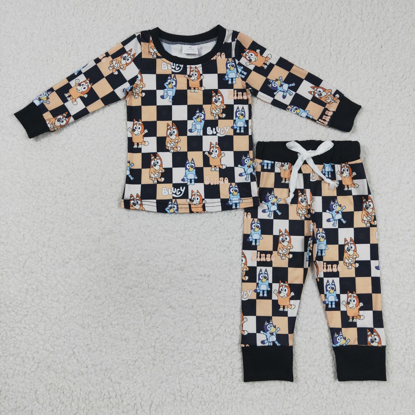 BLP0190 western blue dog cartoon checkerboard long sleeve kids boy pajamas 20230614 RTS