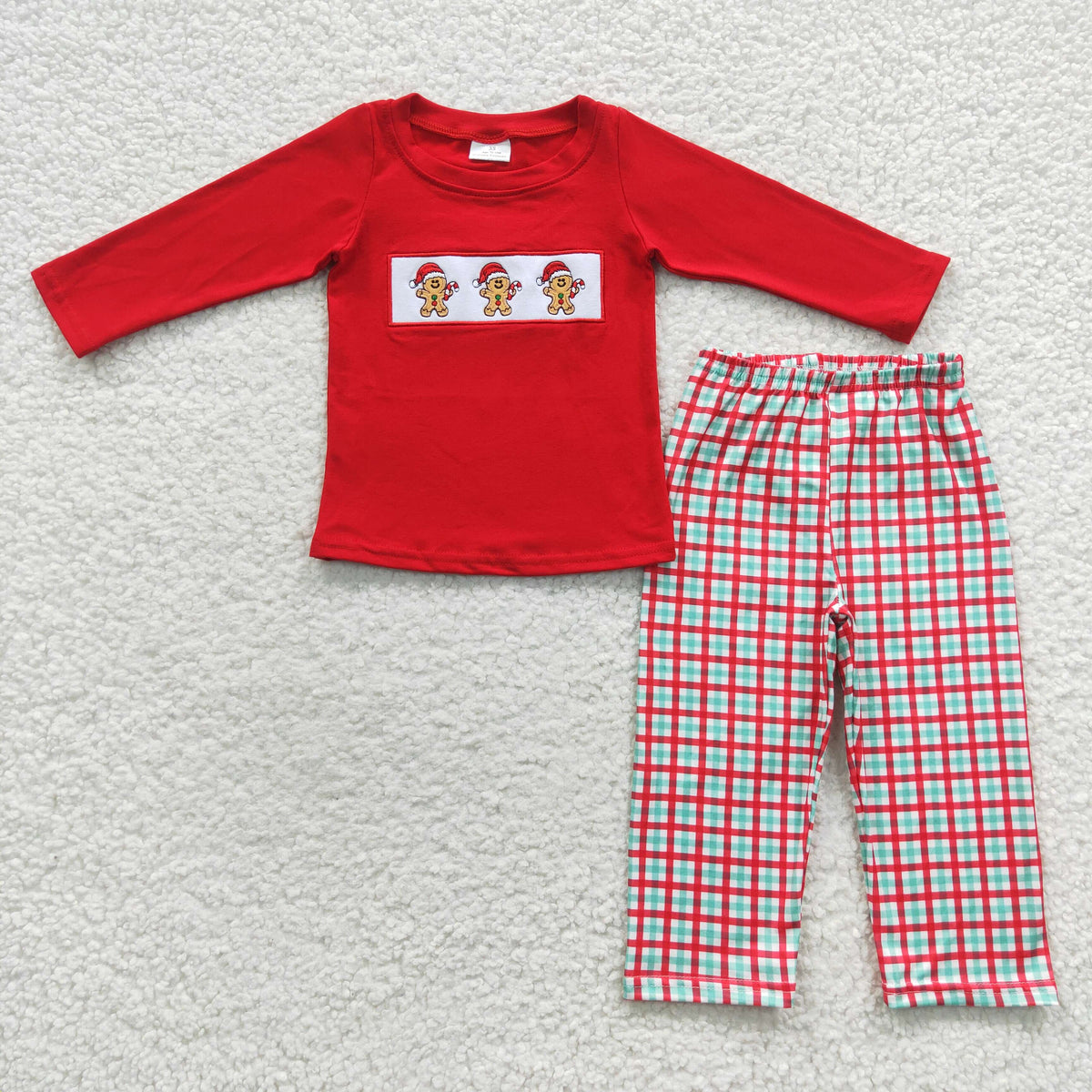 promotion $5.5 2026.10.17 BLP0202 Baby Girl Clothes Christmas Gingerbread Applique Long Sleeve Top Plaid Pant Set