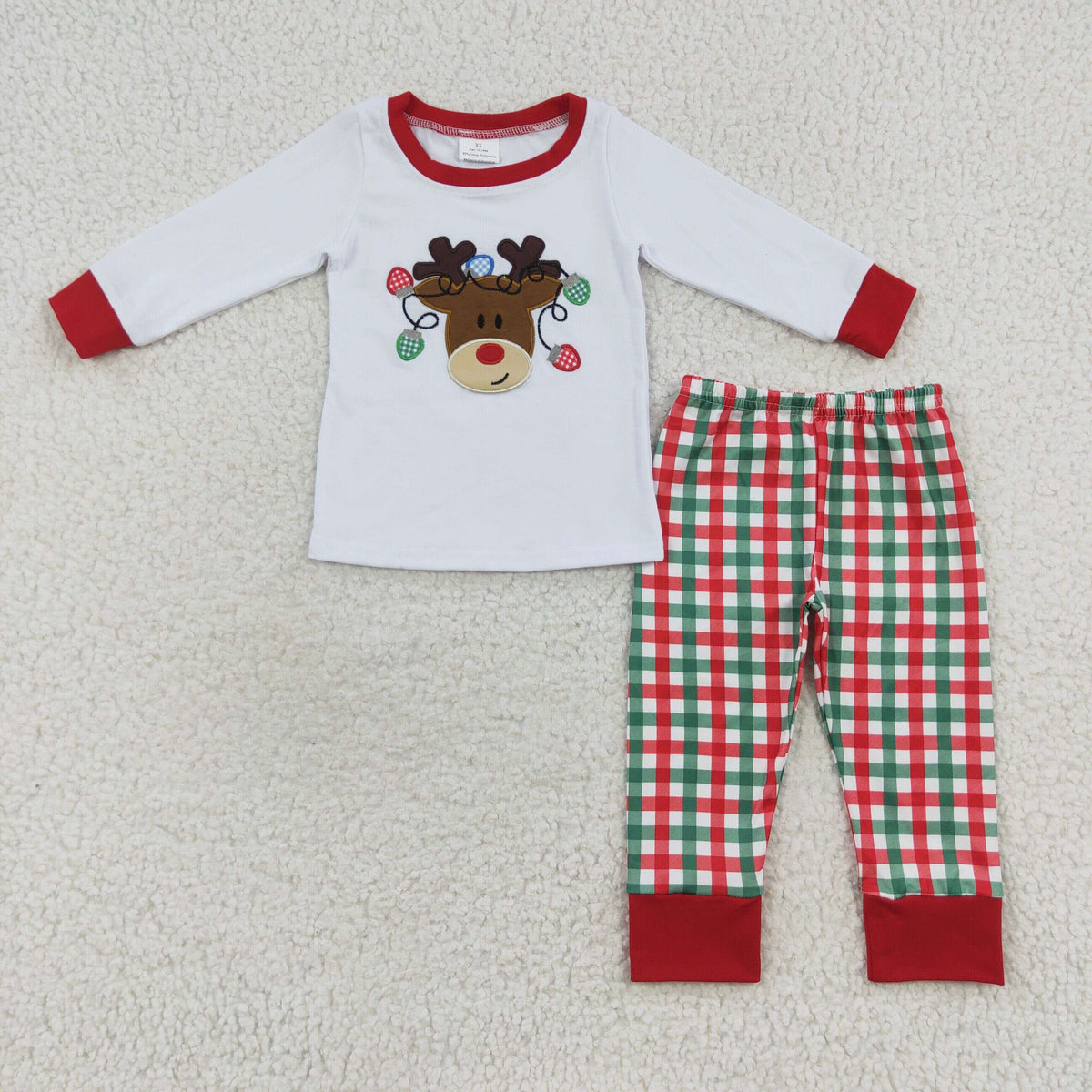 promotion $5.5 2026.10.17 BLP0218 Baby Girl Clothes Christmas Reindeer Applique Long Sleeve Top Plaid Pant Set