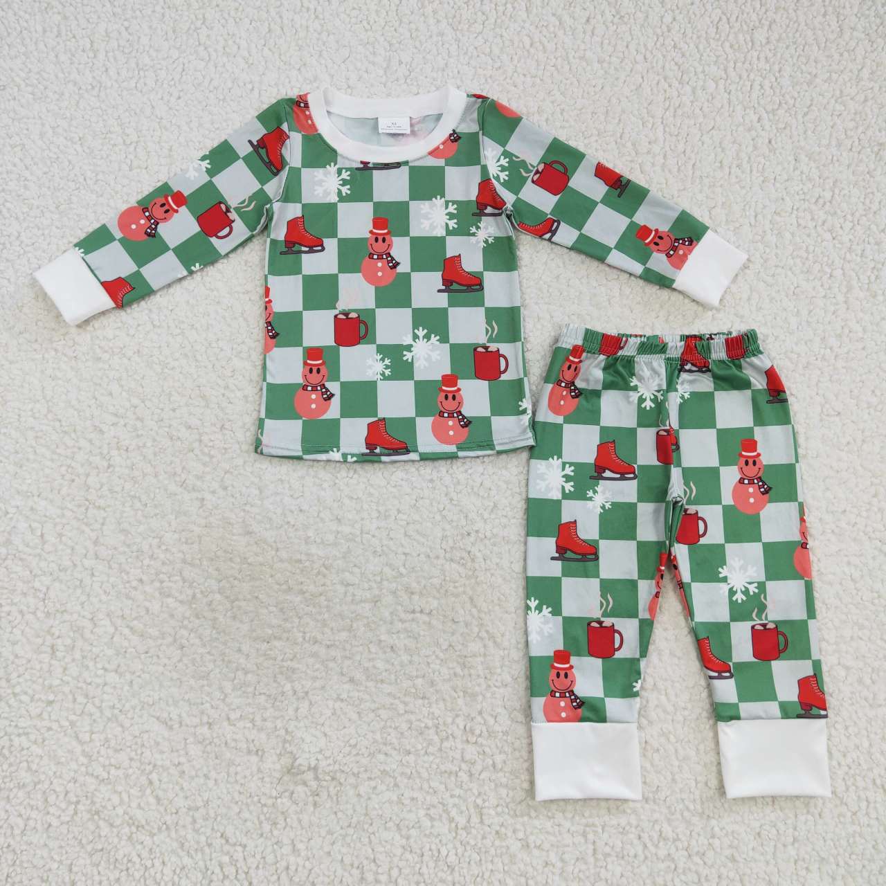 BLP0317 checkerboard snow man long sleeve boy green pajamas outfit RTS 20230917