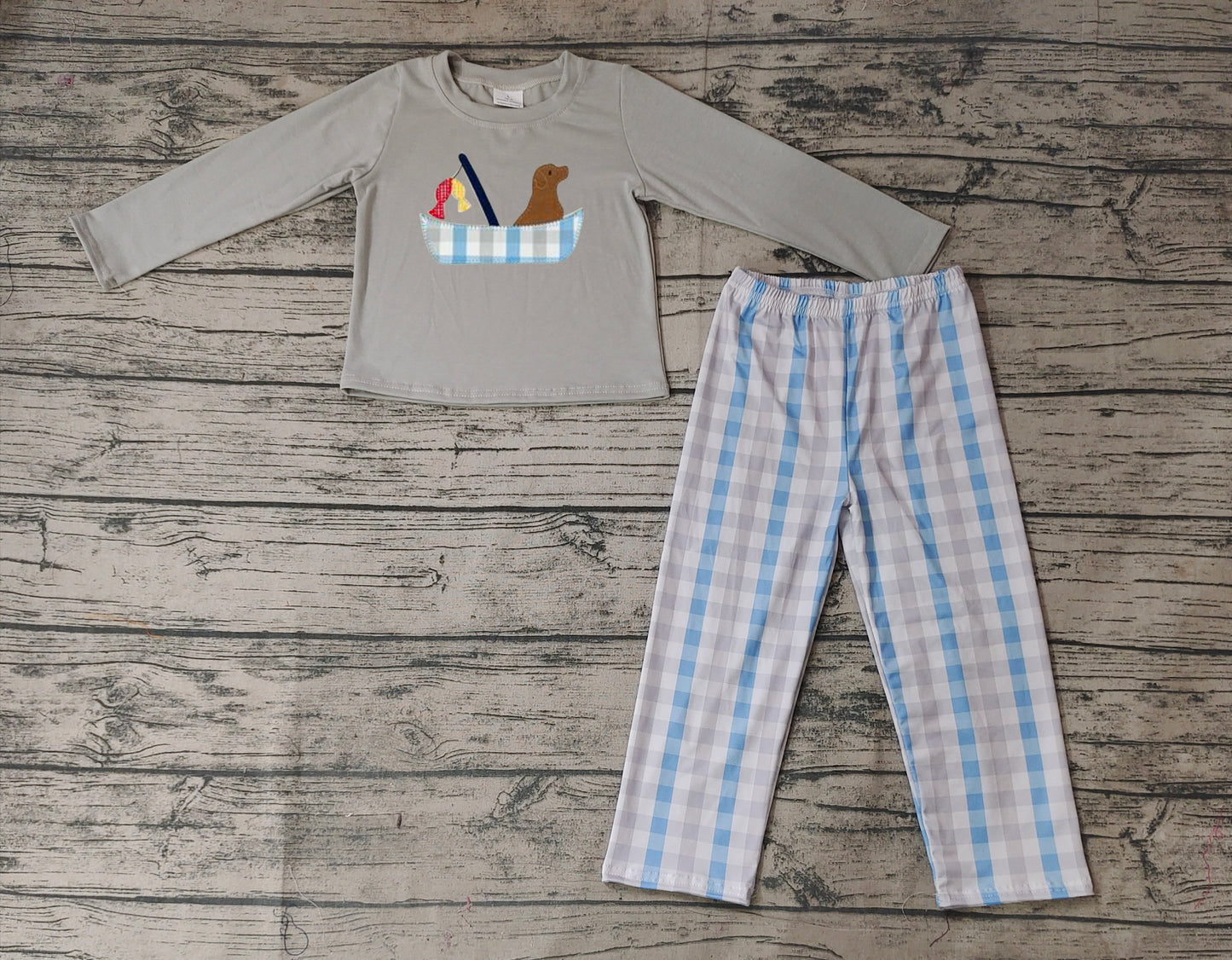 BLP0350 RTS fishing Embroidery dog long sleeve kids boy pajamas outfit 202231024