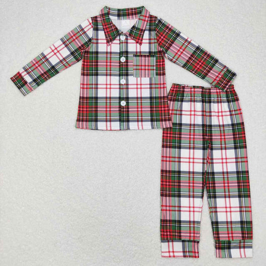 BLP0444 (6 A7-15)RTS merry Christmas green red plaid long sleeve boy pajamas outfit 20231130 rts