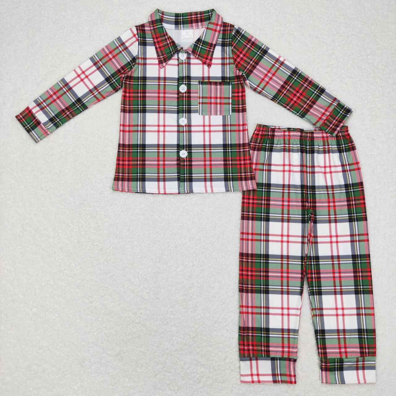 BLP0444 (6 A7-15)RTS merry Christmas green red plaid long sleeve boy pajamas outfit 20231130 rts