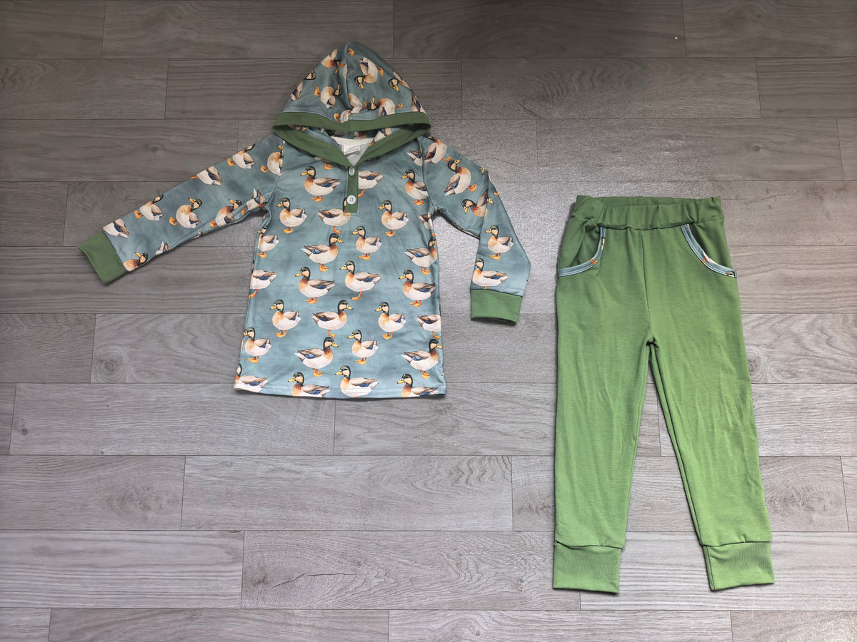 Sample-Real Pics BLP1260 Baby Boy Clothes Mallard Duck Allover Print Long Sleeve Hooded Top Solid Jogger Pant Set
