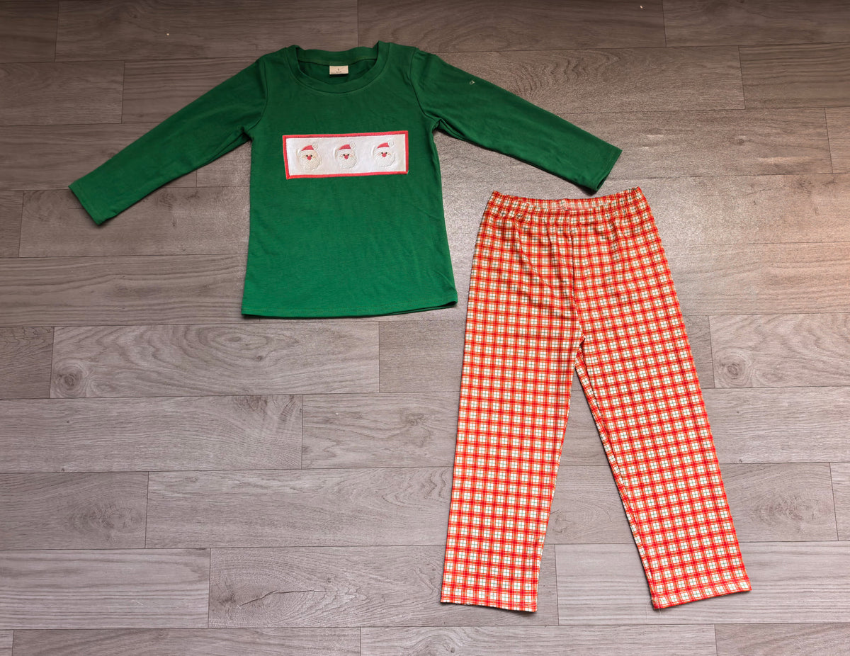 Sample-Real Pics BLP1288 Baby Boy Clothes Santa Applique Plaid Print Long Sleeve Straight Pant Set