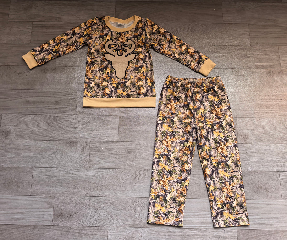 Sample-Real Pics BLP1458 Baby Boy Clothes Deer Head Graphic Leaf Camo Print Long Sleeve Straight Pant Set