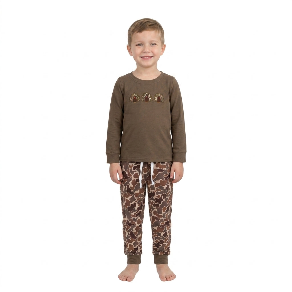 NO MOQ RTS BLP1473-embroidery Baby Boy Clothes Turkey Patch Brown Camo Print Long Sleeve Top Pant Set
