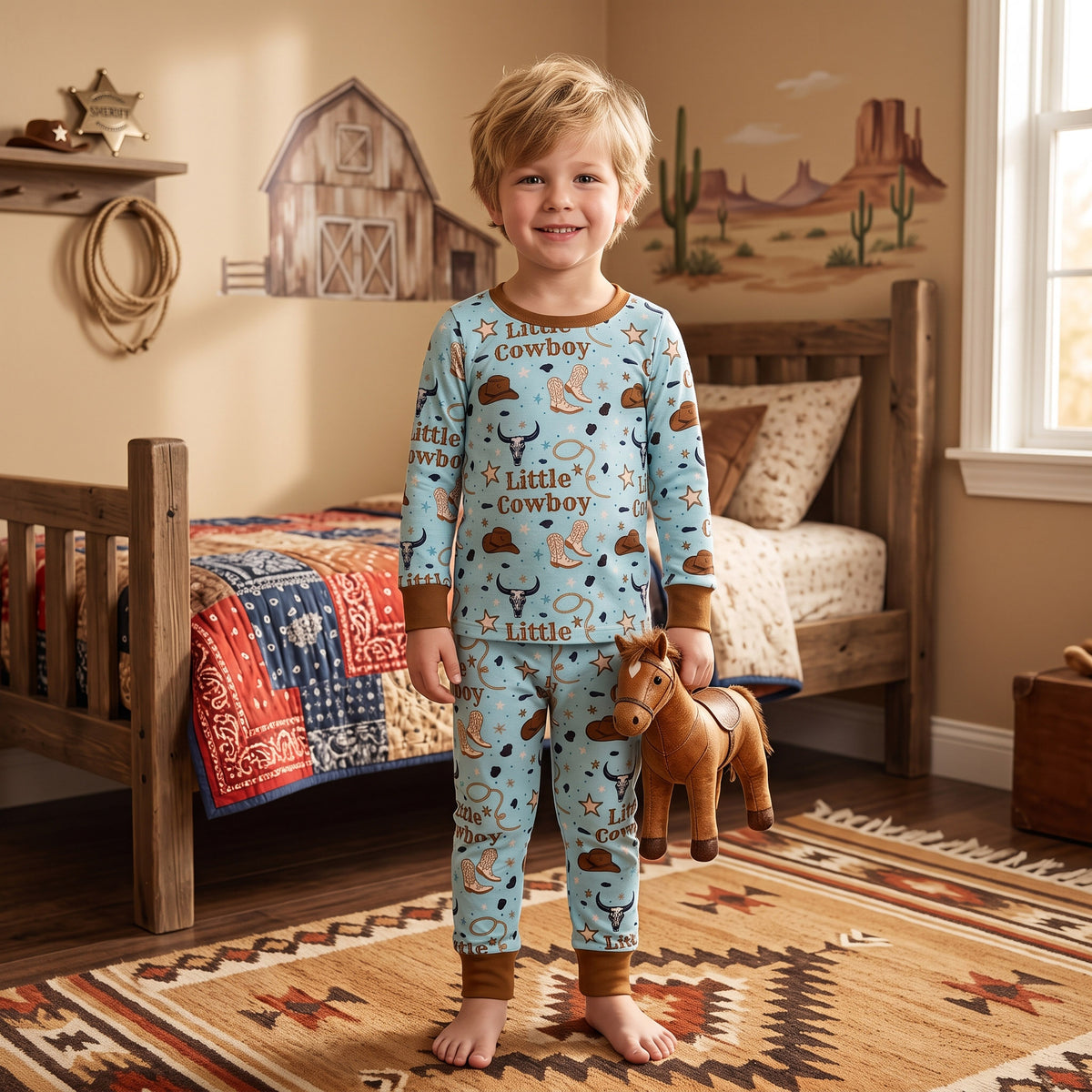 NO MOQ RTS BLP1485 Little Cowboy Pajamas | Western Boot Hat 2Pcs Sleepwear
