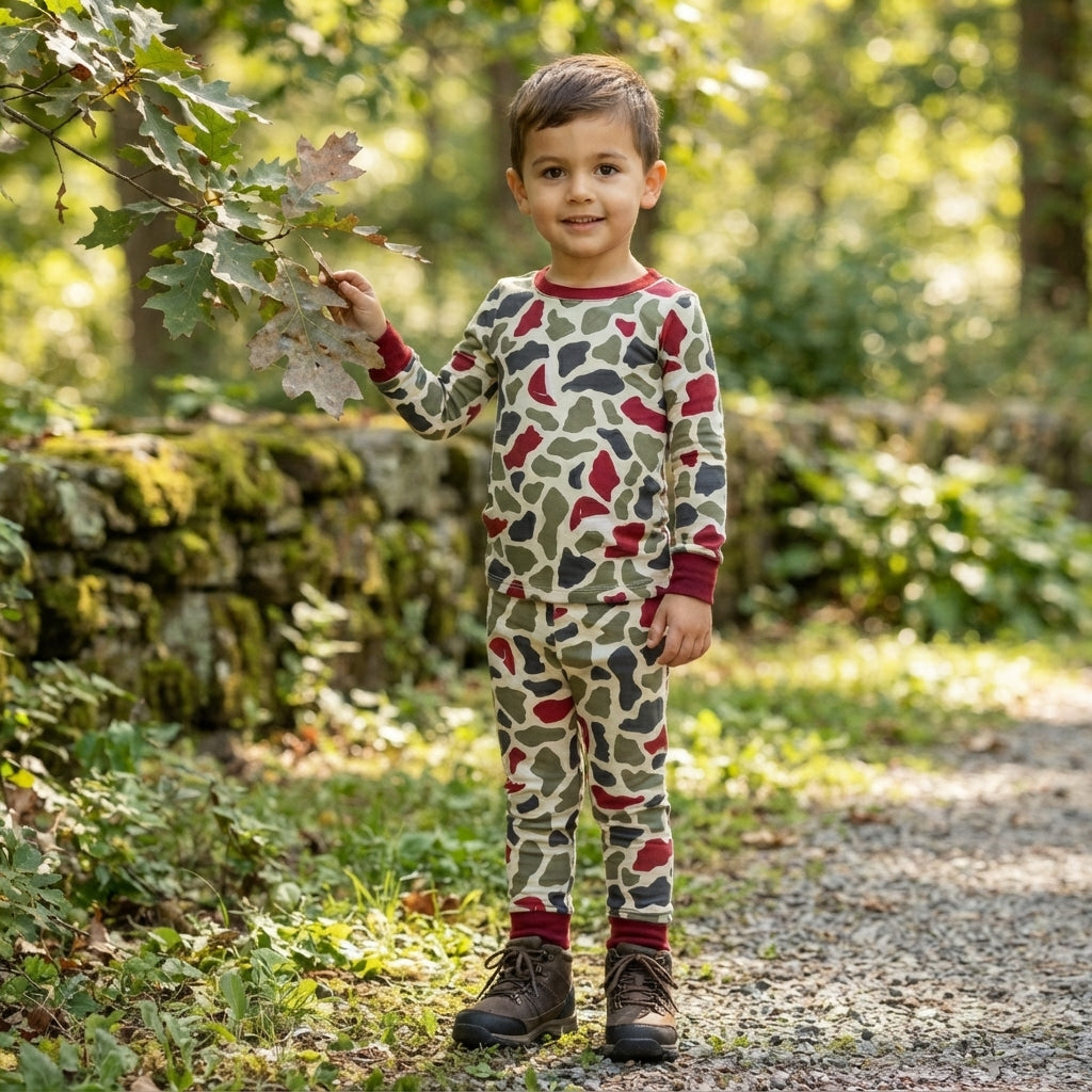 NO MOQ RTS BLP1496 Baby Boy Clothes Christmas Camo Santa Hat Print Long Sleeve Cuff Pajama Set 202609