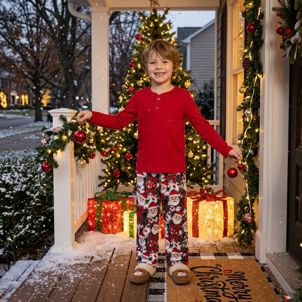 NO MOQ RTS BLP1513 Baby Girl Clothes Santa Ho Ho Ho Candy Cane Print Long Sleeve Henley Top Pant Pajama Outfit 202609