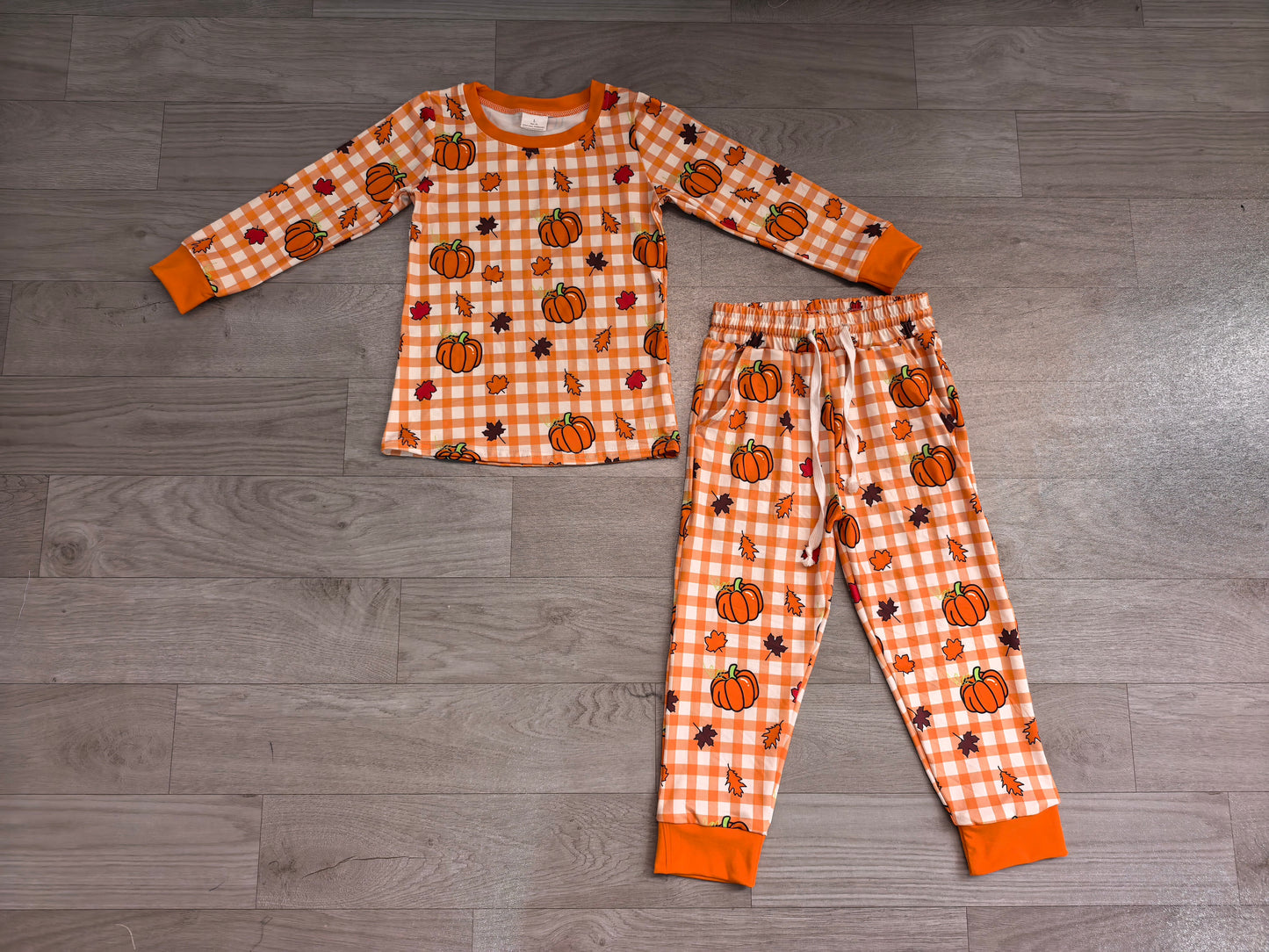 RTS BLP1540 BT1929+P1198 Plaid Pumpkin Print Kids 2 Piece Long Sleeve Outfit