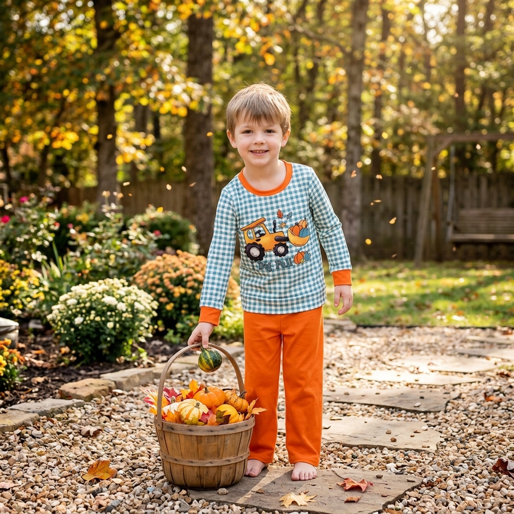 NO MOQ RTS BLP1542 Baby Boy Clothes Green Gingham Tractor Pumpkin I Dig Fall Print Long Sleeve Top Solid Orange Pant Outfit 202609