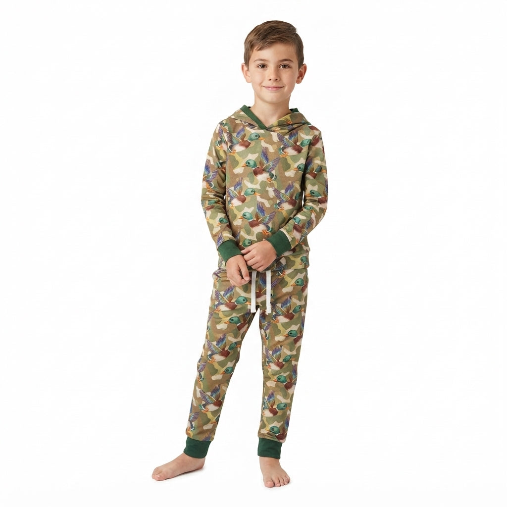 NO MOQ RTS BLP1543 (2) Baby Boy Clothes Mallard Duck Camo Print Long Sleeve Hoodie Top Jogger Pants Set 202609