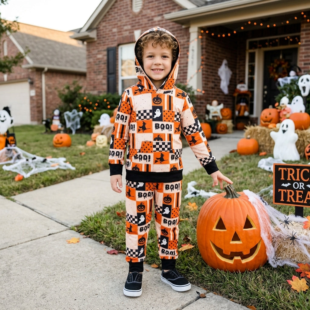 NO MOQ RTS BLP1544Baby Boy Clothes Halloween Patchwork Ghost Witch Boo Print Long Sleeve Hoodie Jogger Pant Set 202609