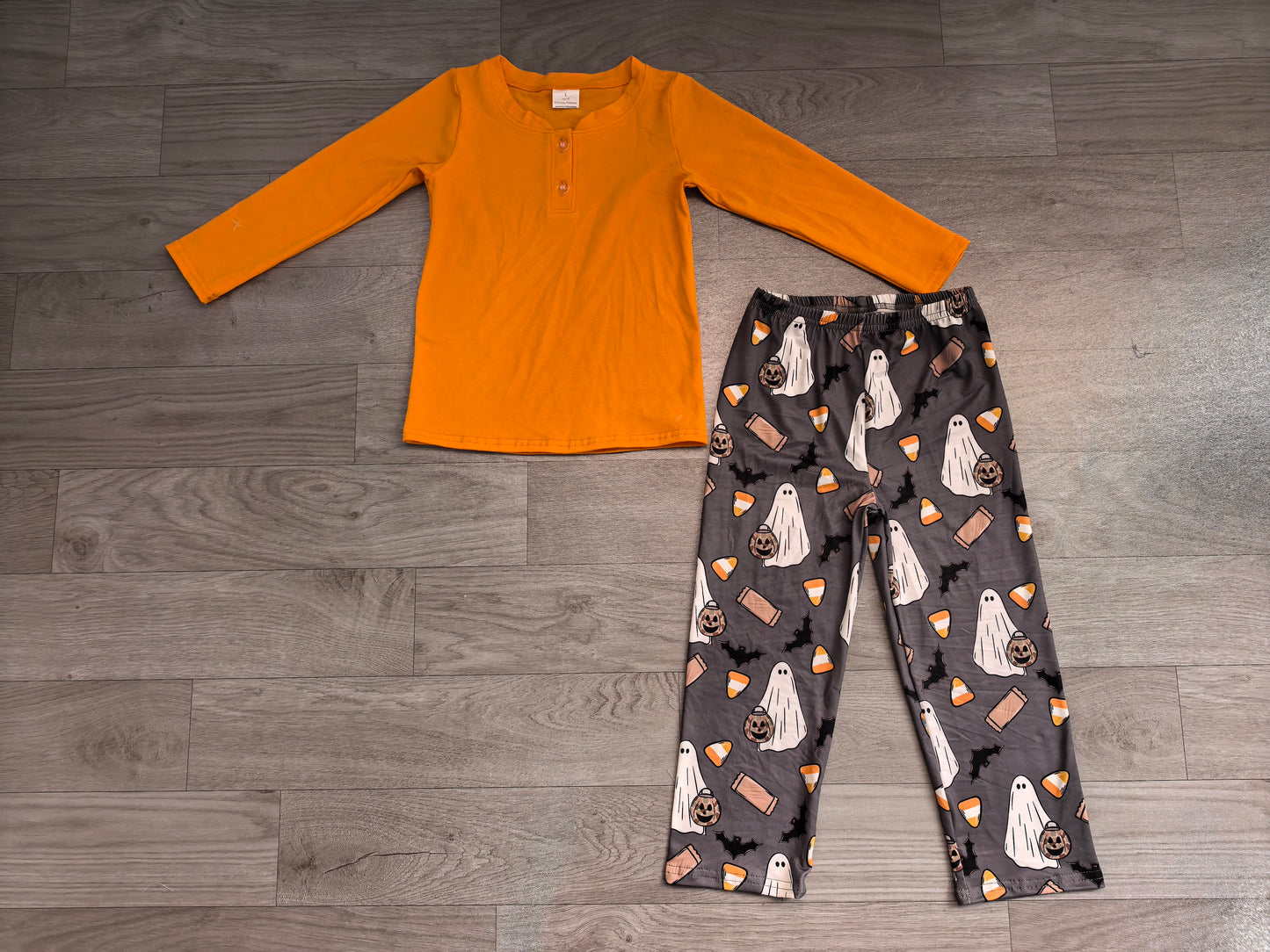 RTS BLP1546 Halloween Ghost Print Kids 2 Piece Outfit Solid Long Sleeve Top & Printed Long Pants Set