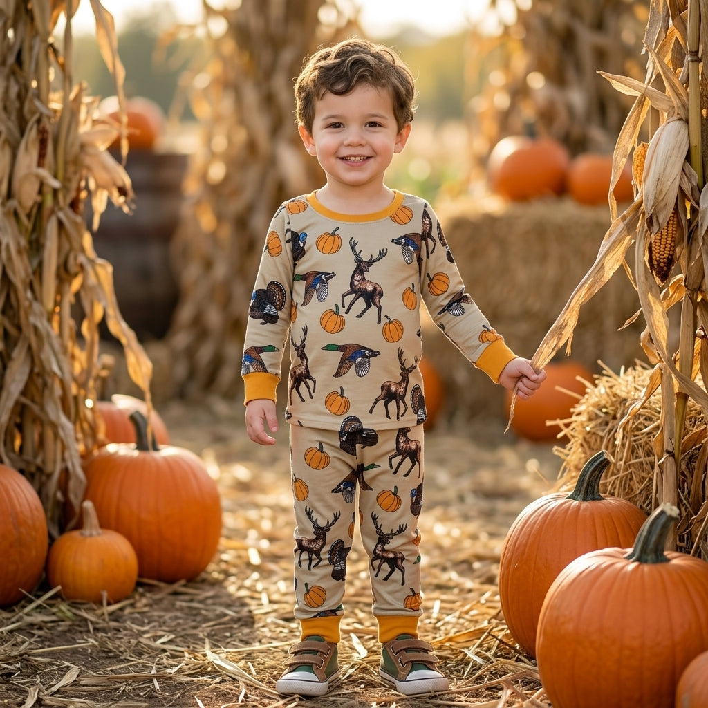 NO MOQ RTS BLP1556 Baby Boy Clothes Deer Turkey Duck Pumpkin Hunting Print Long Sleeve Cuff Pajama Set 202609