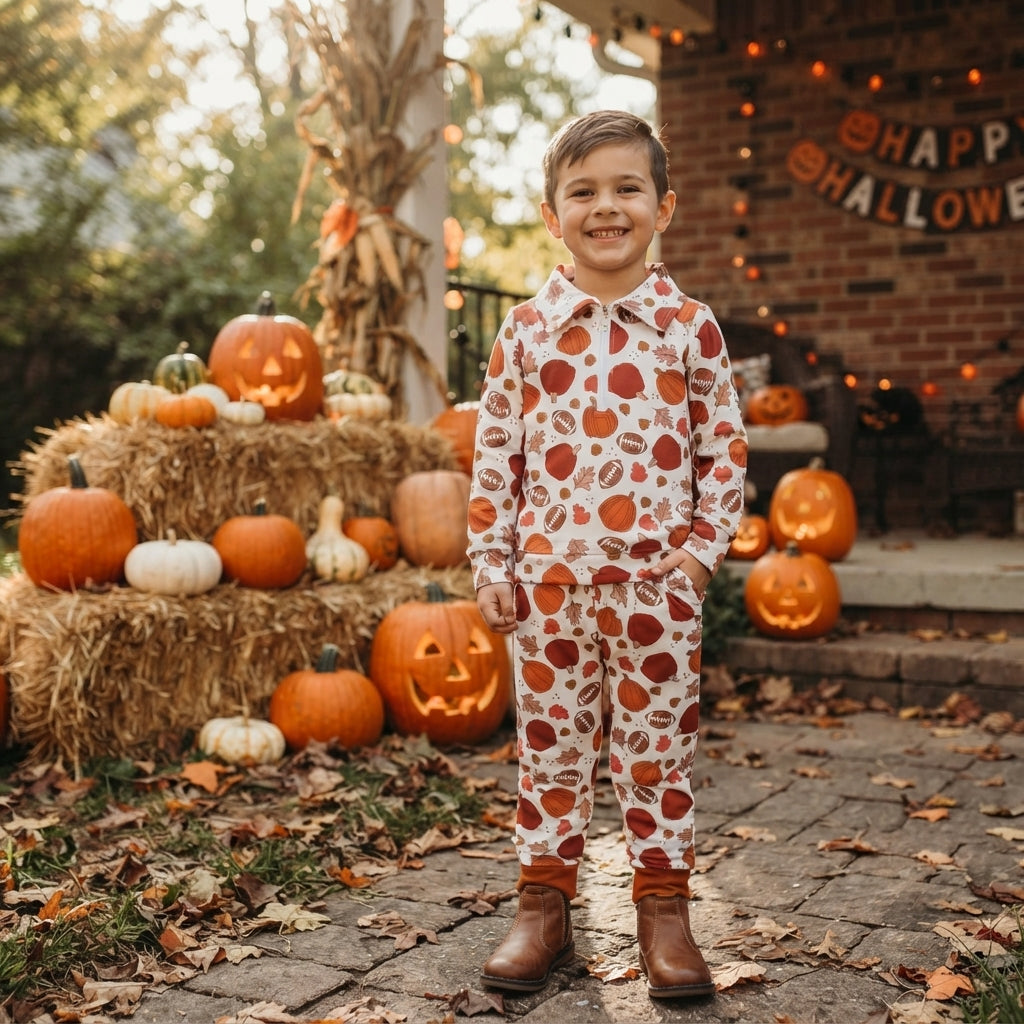 NO MOQ RTS BT1894 Baby Boy Clothes Pumpkin Apple Football Leaf Print Long Sleeve Half Zip Collar Top 202609
