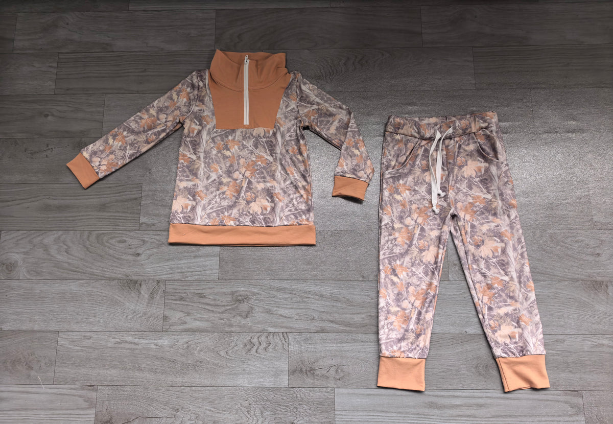 Sample-Real Pics BLP1589 Baby Boy Clothes Fall Maple Camo Print Long Sleeve Half Zip Top Jogger Pant Set