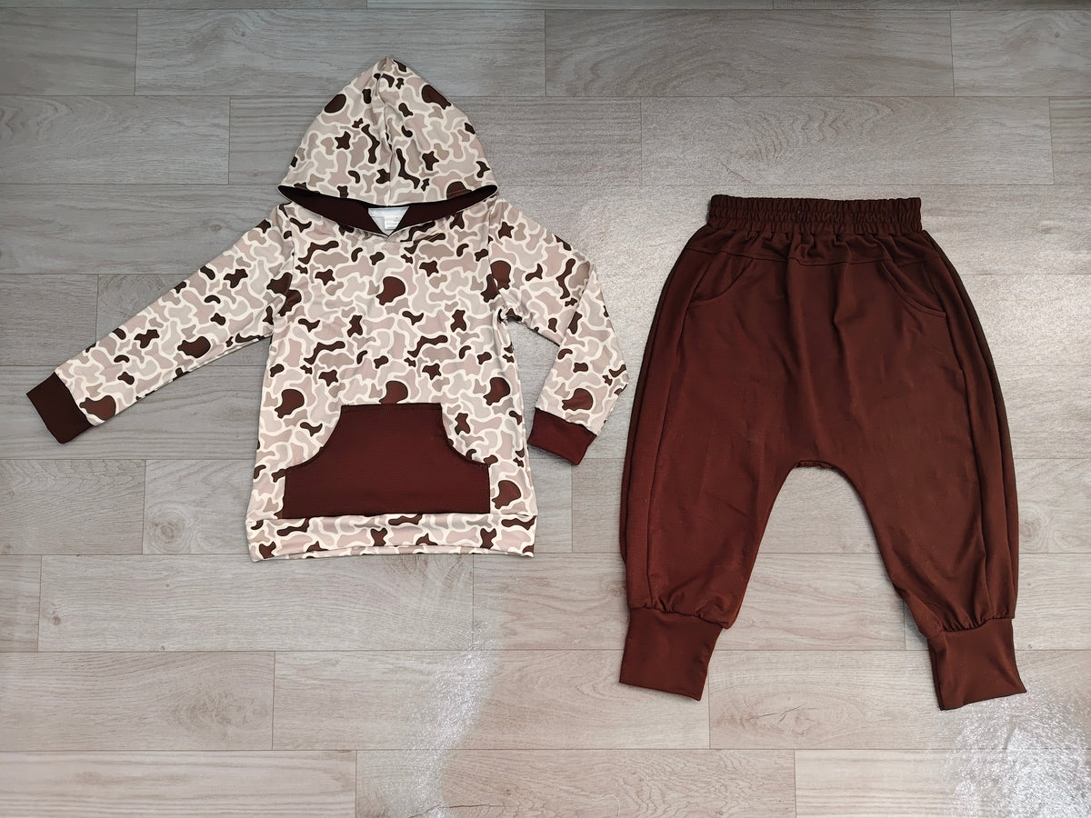 Sample-Real Pics BLP1598 Baby Girl Clothes Cow Print Hooded Long Sleeve Top & Solid Brown Harem Pant Set