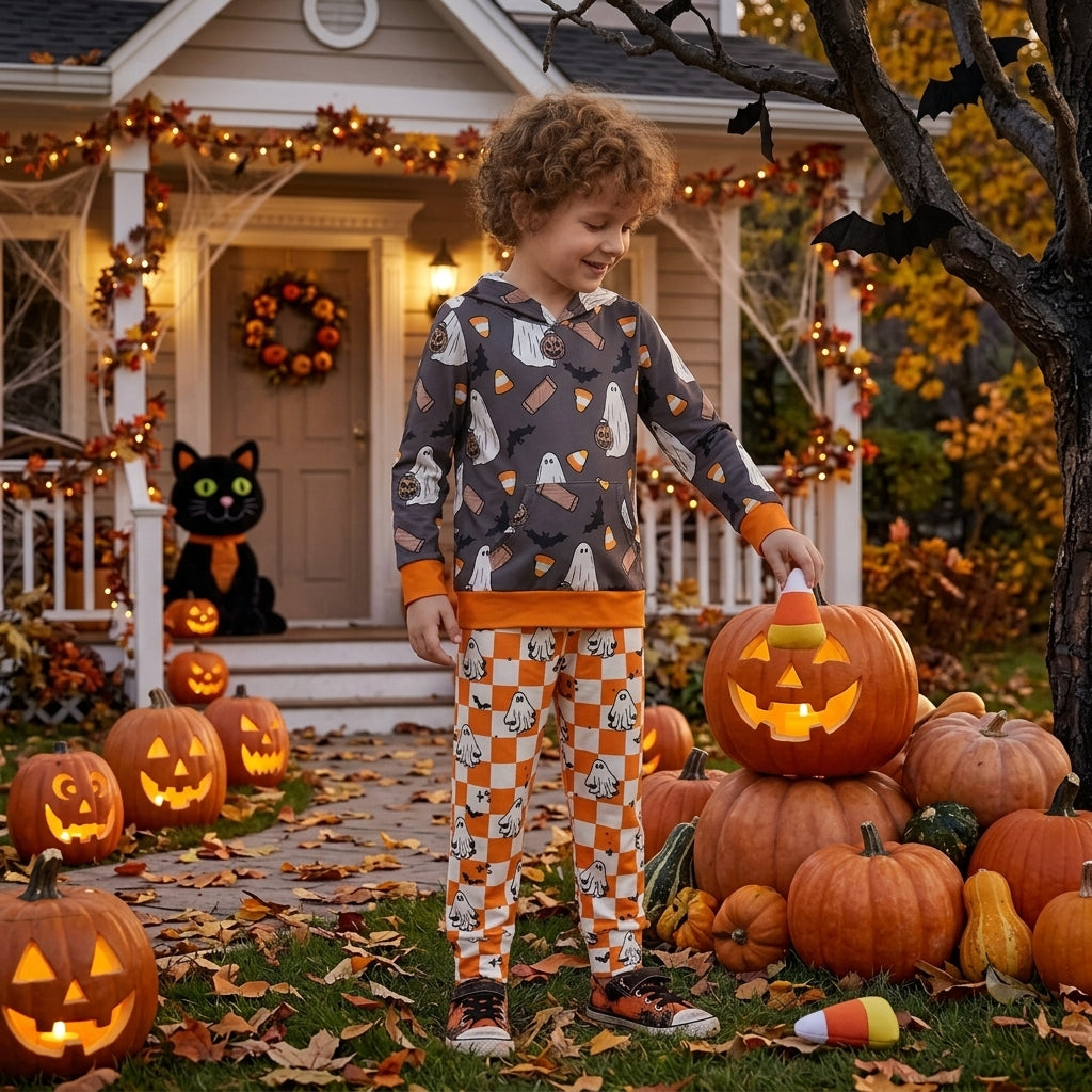 NO MOQ RTS BLP1607-bundle Baby Clothes Halloween Ghost Candy Corn Hooded Top Orange Checkered Ghost Pants Set 202609