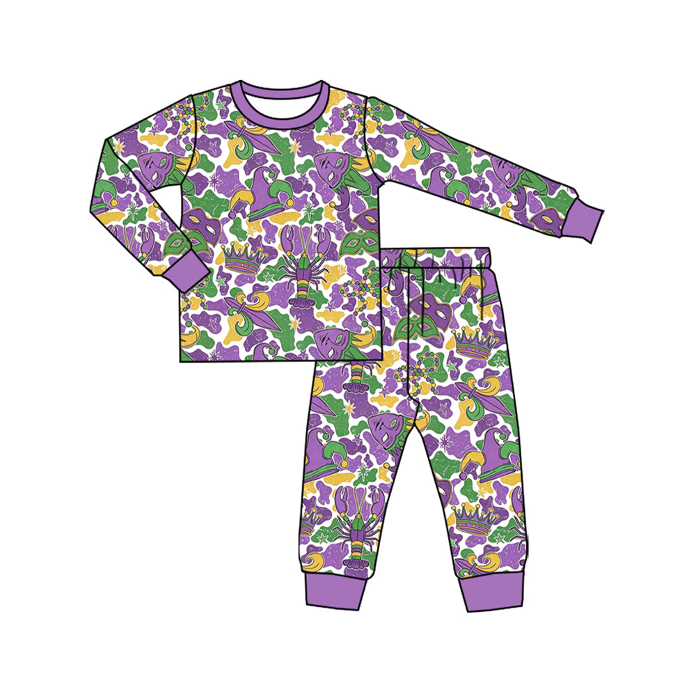 Preorder BLP1611 Baby Boy Clothes Mardi Gras Mask Crawfish Camo Print Long‑sleeve Pajama Loungewear Set