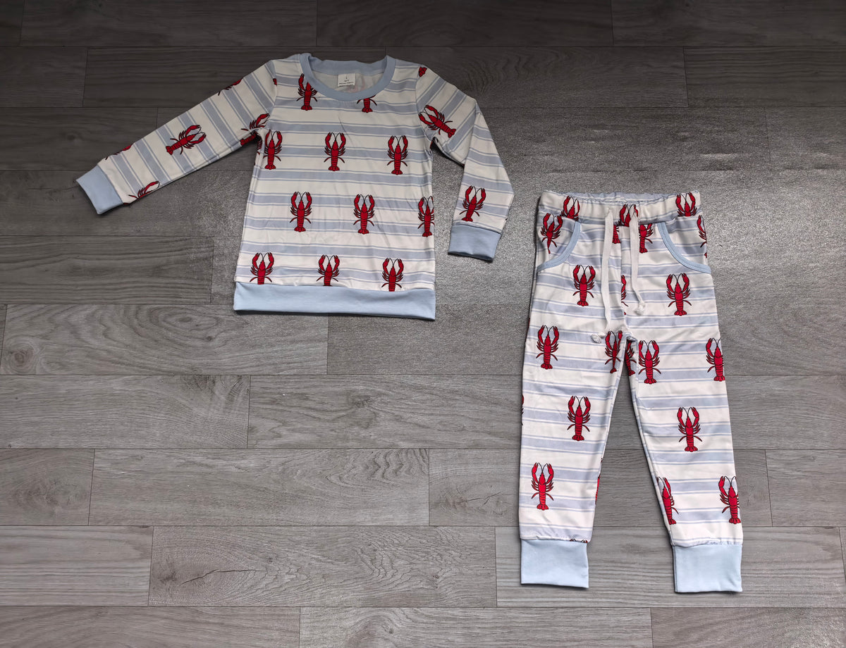Sample-Real Pics BLP1626 Baby Boy Clothes Red Lobster Stripe Print Long Sleeve Tee Jogger Pant Set