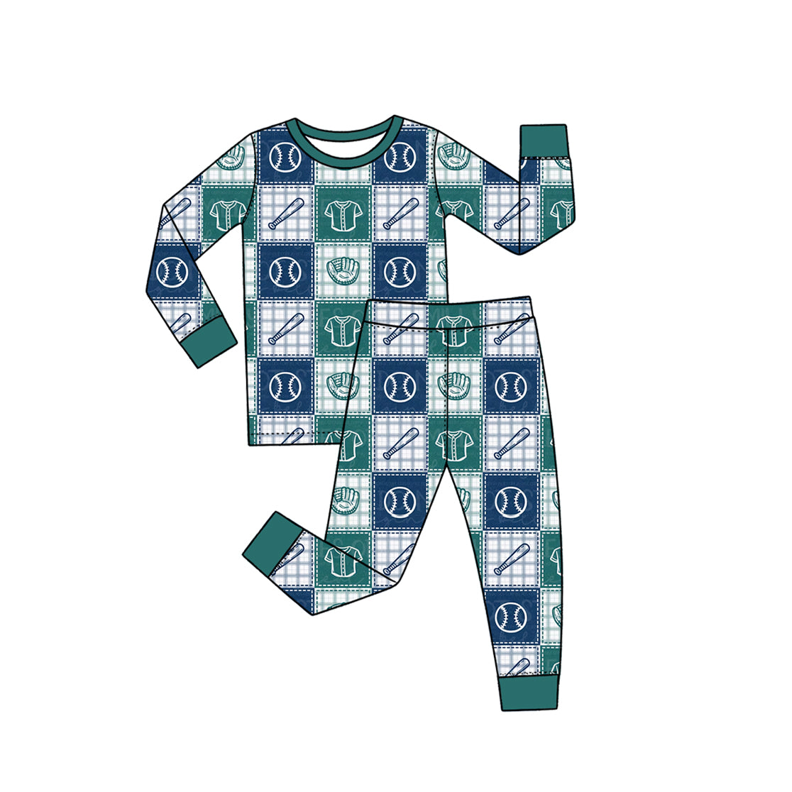Preorder (moq 5) BLP1641 Baby Boy Clothes Baseball Patchwork Mixed Print Long Sleeve Pajama Set