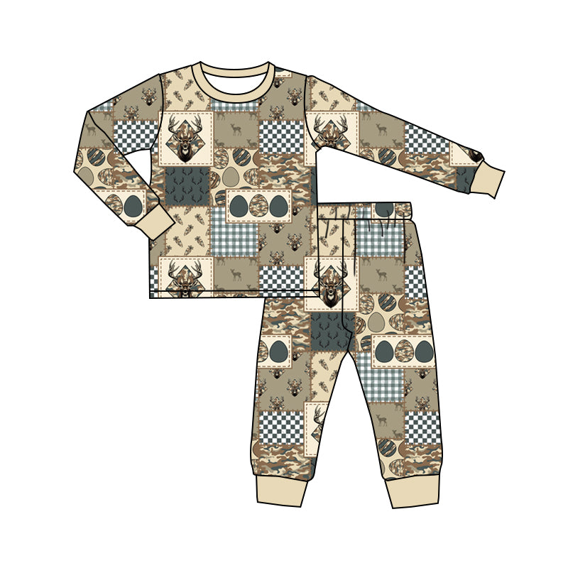 Preorder (moq 5) BLP1644 Baby Boy Clothes Hunting Deer Patchwork Mixed Print Long Sleeve Top Jogger Pant Set