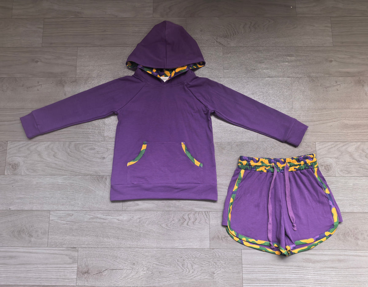 Sample-Real Pics BLS0062 Baby Boy Clothes Mardi Gras Camo Trim Print Long Sleeve Hooded Top Purple Short Set
