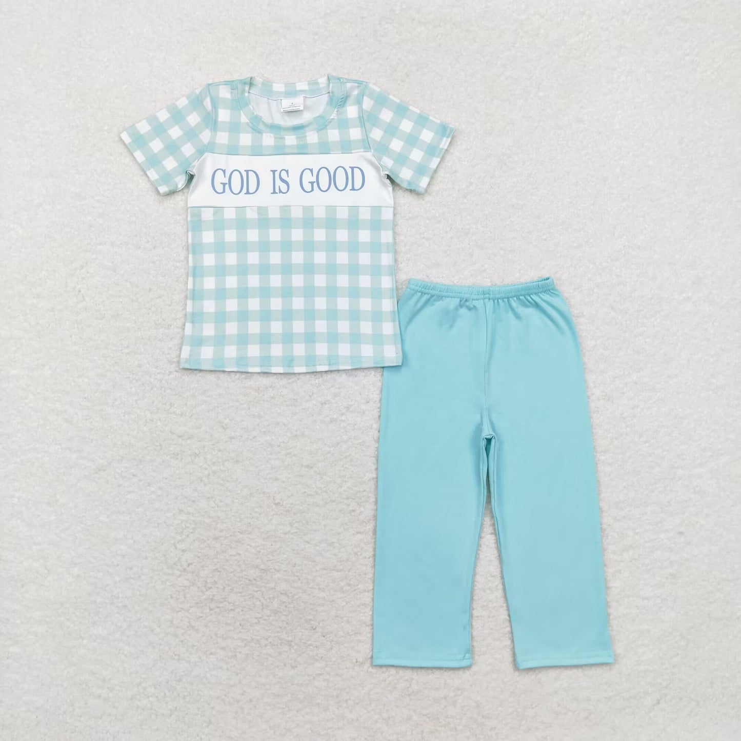 BSPO0463 God is good green plaid boy cotton pajamas outfit 202408 sibling RTS
